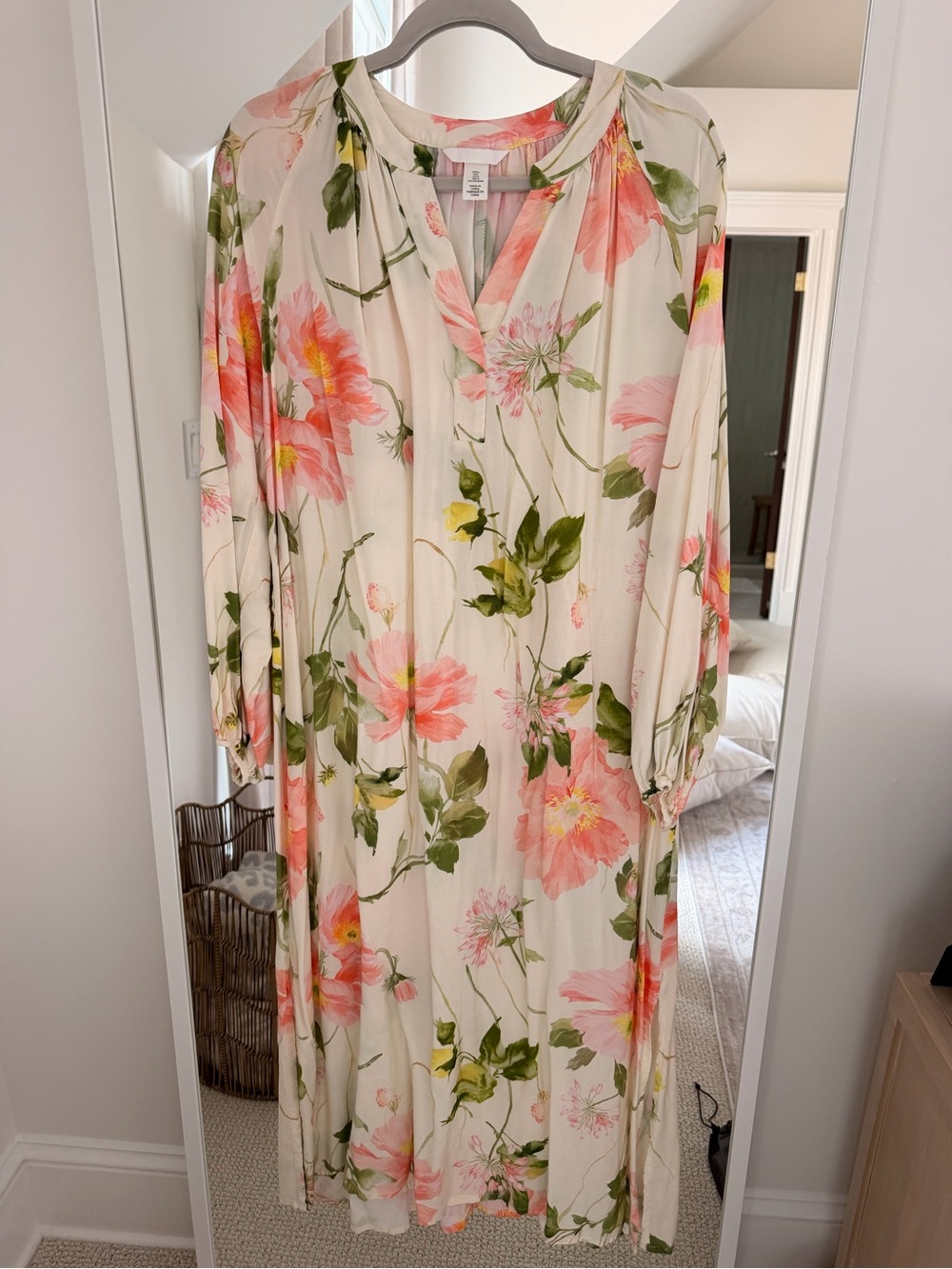 H&M Floral Maxi Dress | Watercolor Pink Flower Print | Long Sleeve | Size L